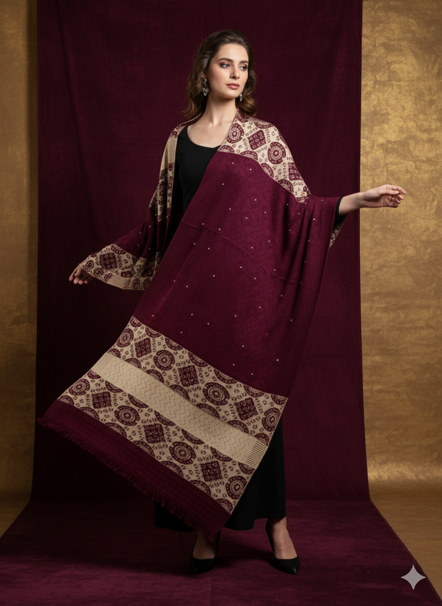 Luxury Pure Wool Shawl with Rehistone Stone Patchwork – 40x80 Inches | Decorkreations
