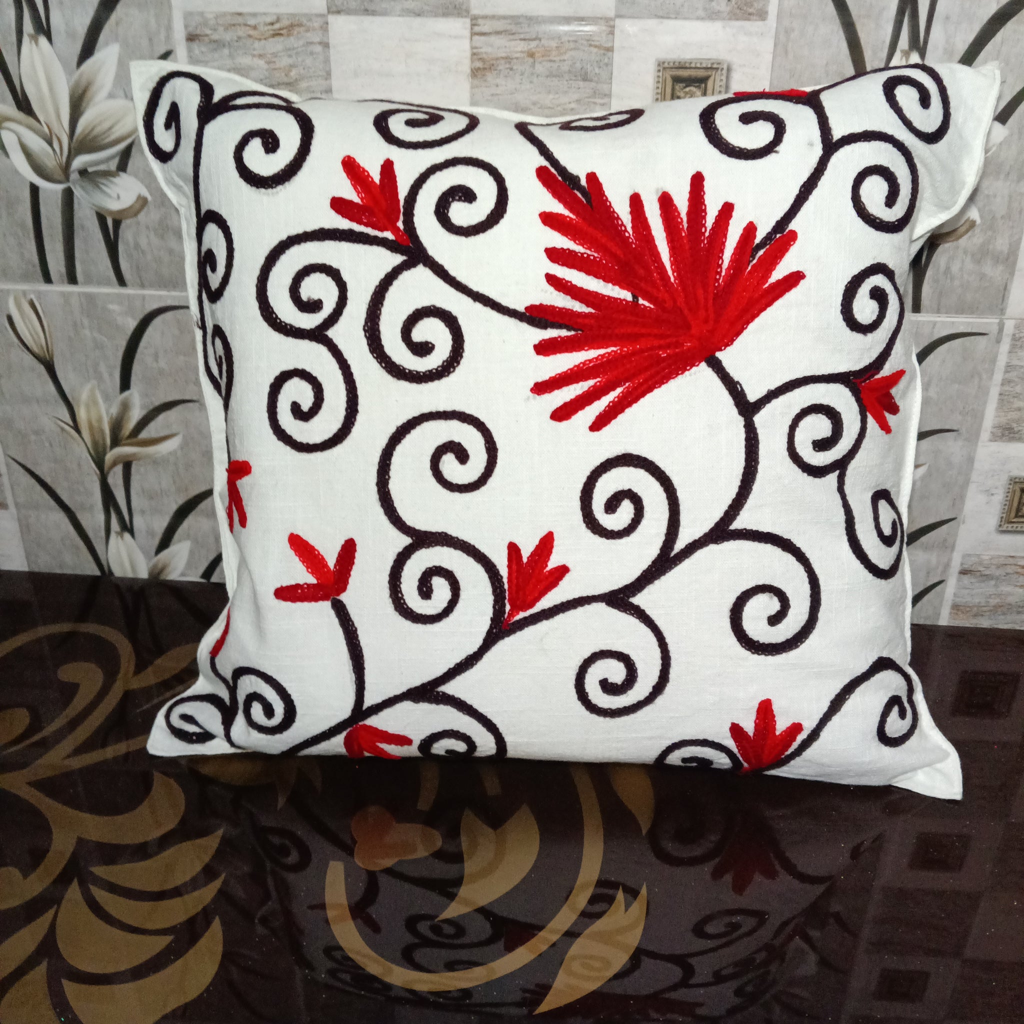 Luxurious Hand-Embroidered Bloom Cushion Cover - 16" x 16" Artisanal Home Decor