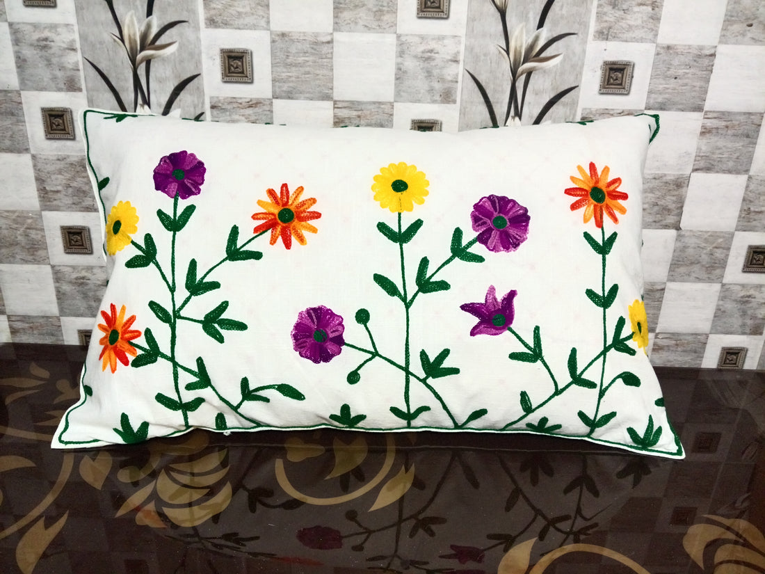 Decorative Crewelwork Floral Pillow Cover 17x27" - Exclusive Handmade Design
