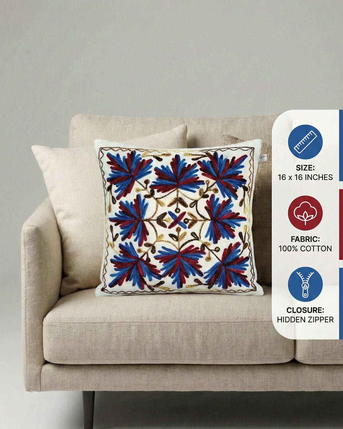 Premium Aari Embroidered Pillow Cover – Hidden Zipper, 16x16
