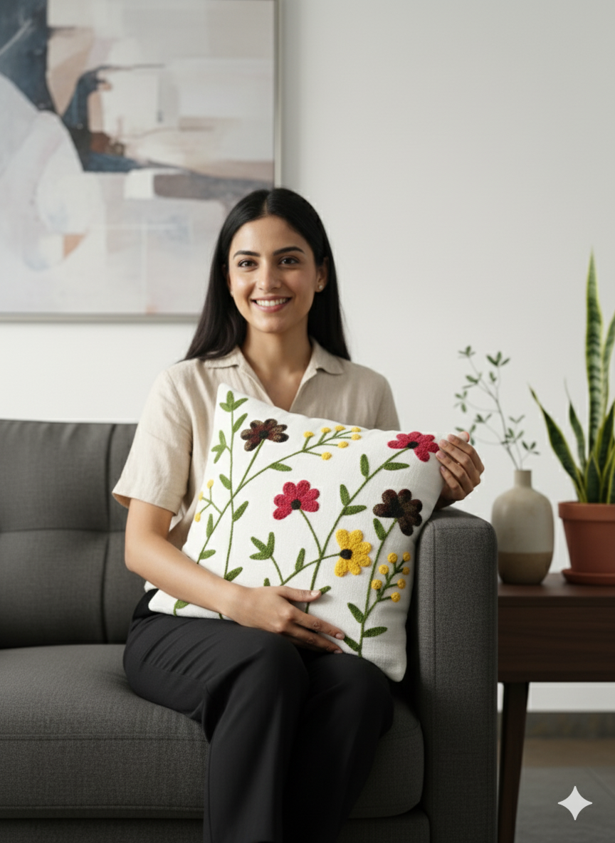 Premium Hand-Embroidered Wildflower Cushion Cover 16x16 Inch – 100% Pure Cotton Decorative Throw Pillow Case