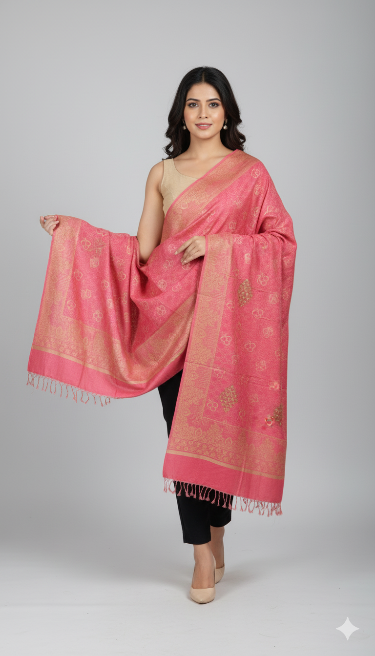 Elegant Pink Polywool Shawl with Multicoloured Stone Patchwork - 40x80 Inch | Decorkreations