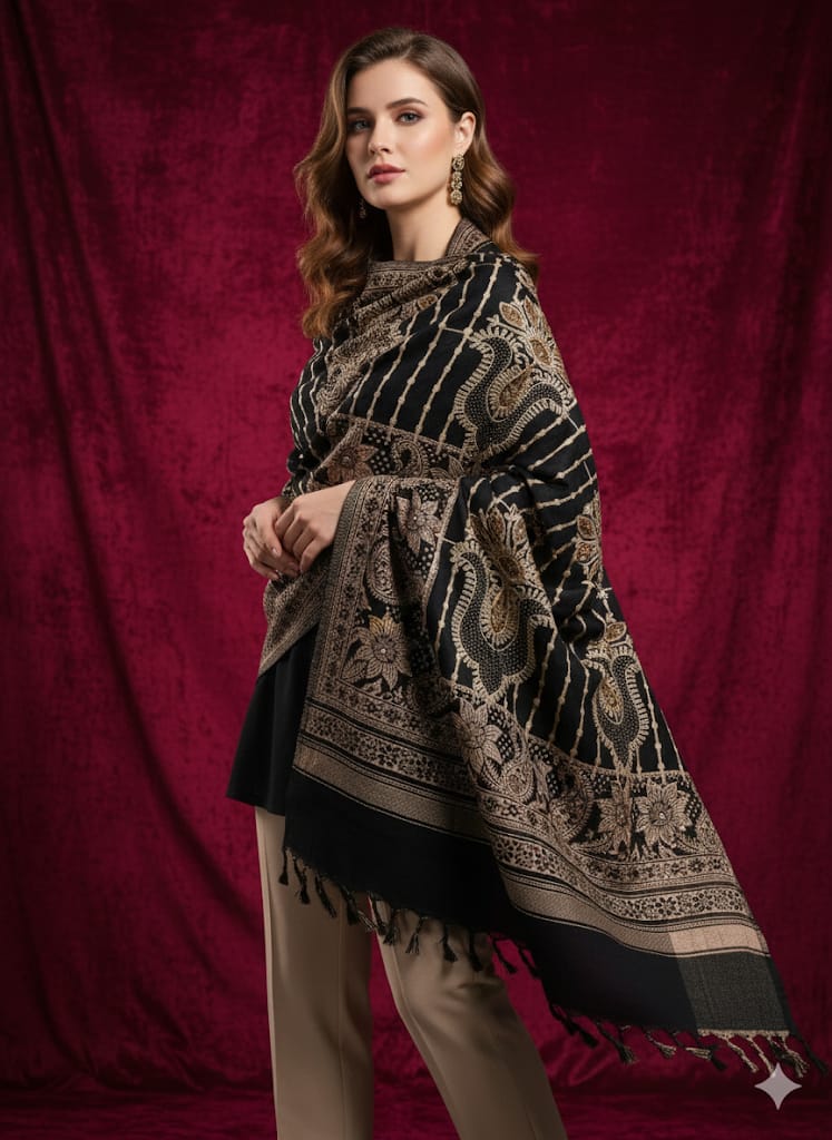 Luxurious Black & Gold Embroidered Polywool Shawl - 40x80 Inch Elegant Wrap | Decorkreations