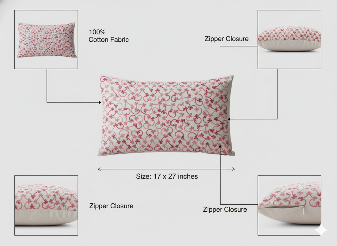 17x27 Embroidered Lumbar Pillow Cover – 100% Cotton with Hidden Zipper Closure | DecorKreations