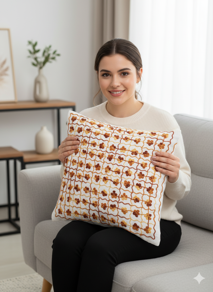 Luxury Hand-Embroidered Geometric Floral Cushion Cover 16x16 Inch – 100% Pure Cotton Decorative Throw Pillow Case